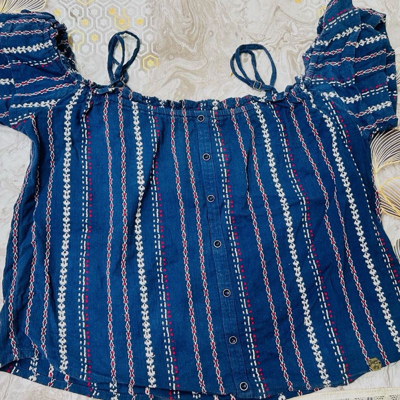 Blue Striped Off-Shoulder Top