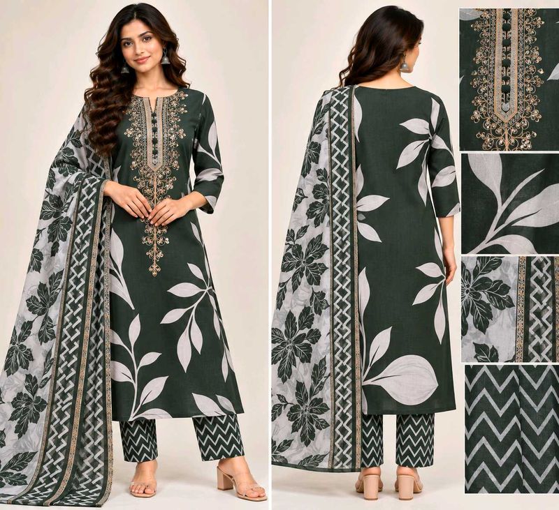 Elegant Leaf Print Kurta Set with Dupatta(un