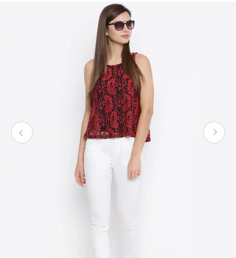 Black Red Lace Embroidery Floral Top By AND