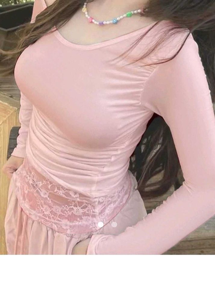 Sheer Pink Lace Trim Long Sleeve Top