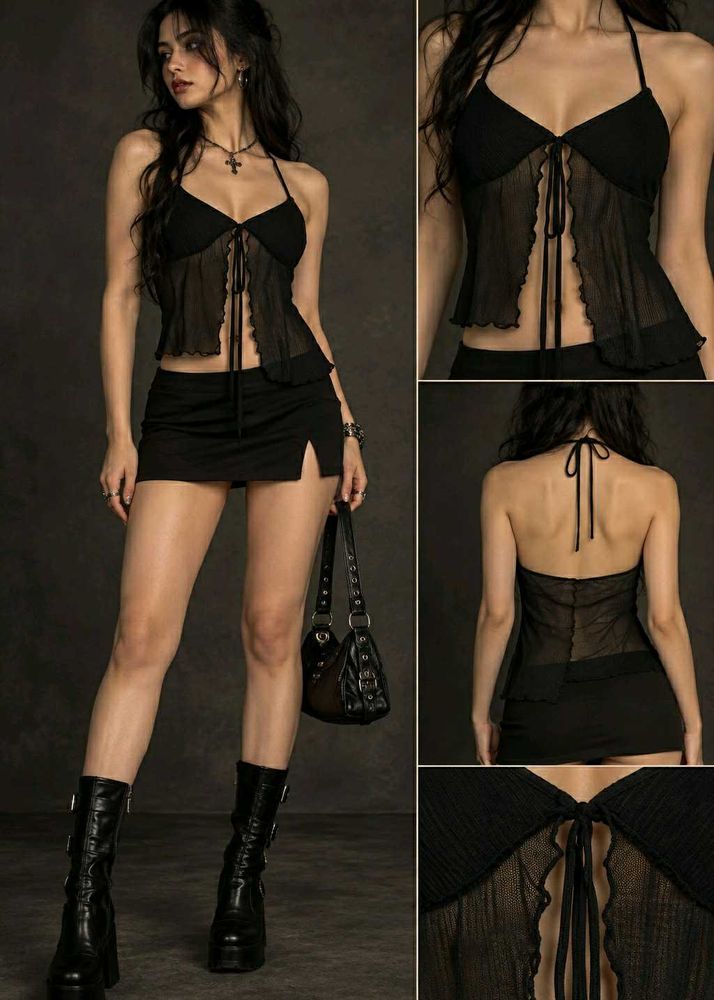 24810. Sheer Halter Neck Tie Front Top