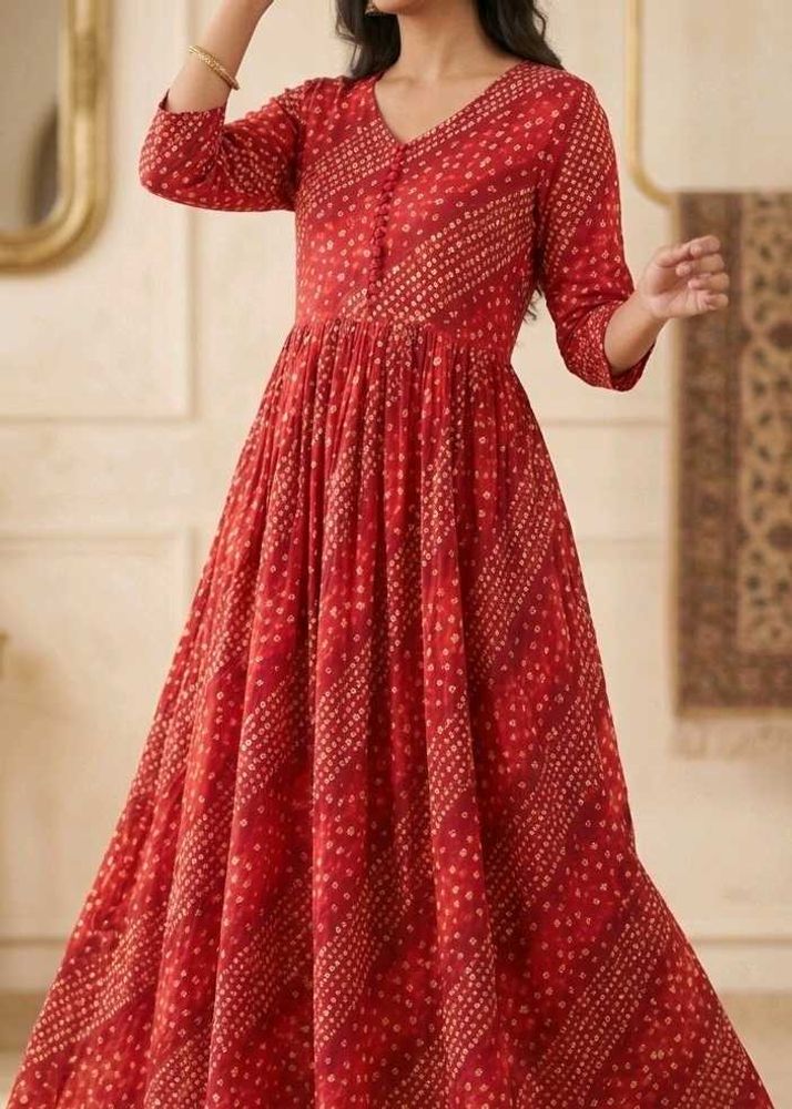 Vibrant Red Bandhani Print Gown