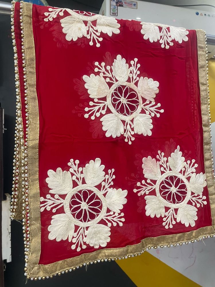 Red Embroidered Dupatta with Pearl Border