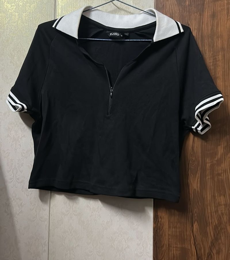 Stylish Black Cropped Polo Top