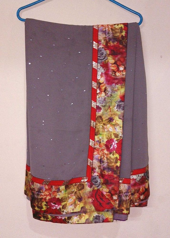 Grey Sequined Saree with Floral Border