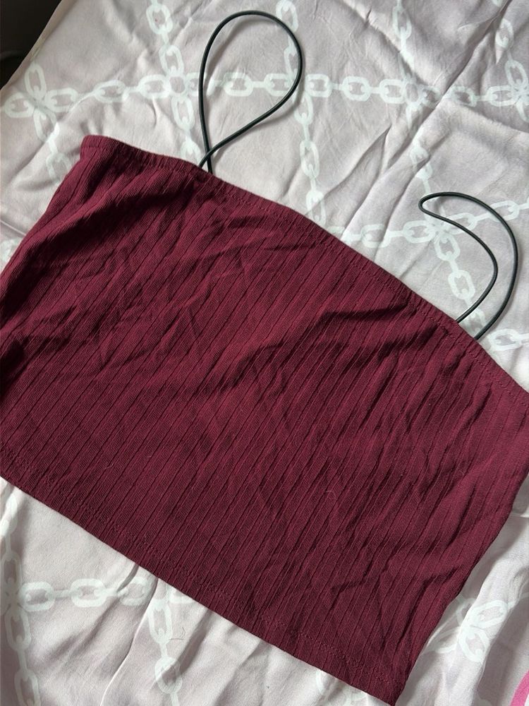 Maroon Ribbed Tube Top with Straps