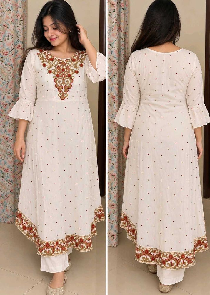 Off White linen embroidered flared kurta