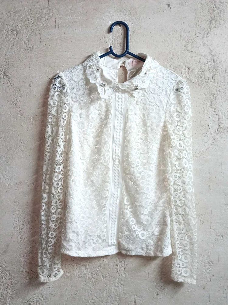 Partywear Lace Top Blouse Layered White