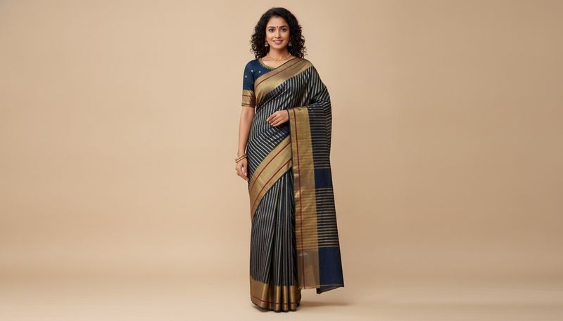 New Elegant Navy Blue Saree with Gold Stripes