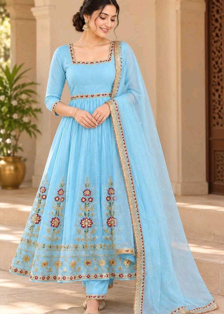 Sky Blue Embroidered Anarkali Suit Set