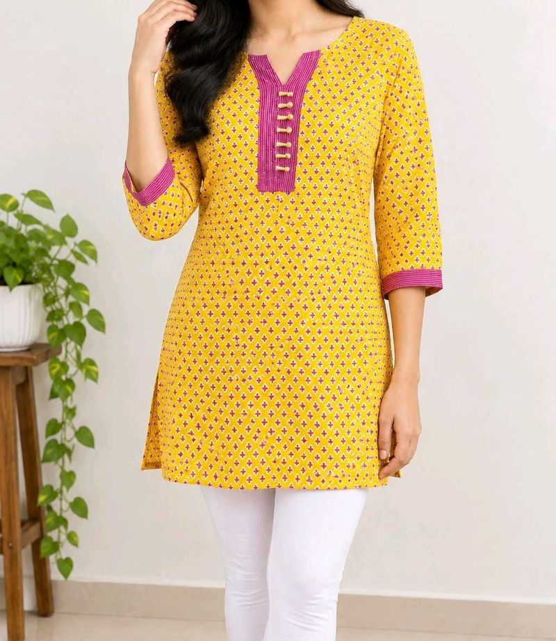 Yellow Printed Kurta with Pink Accents
