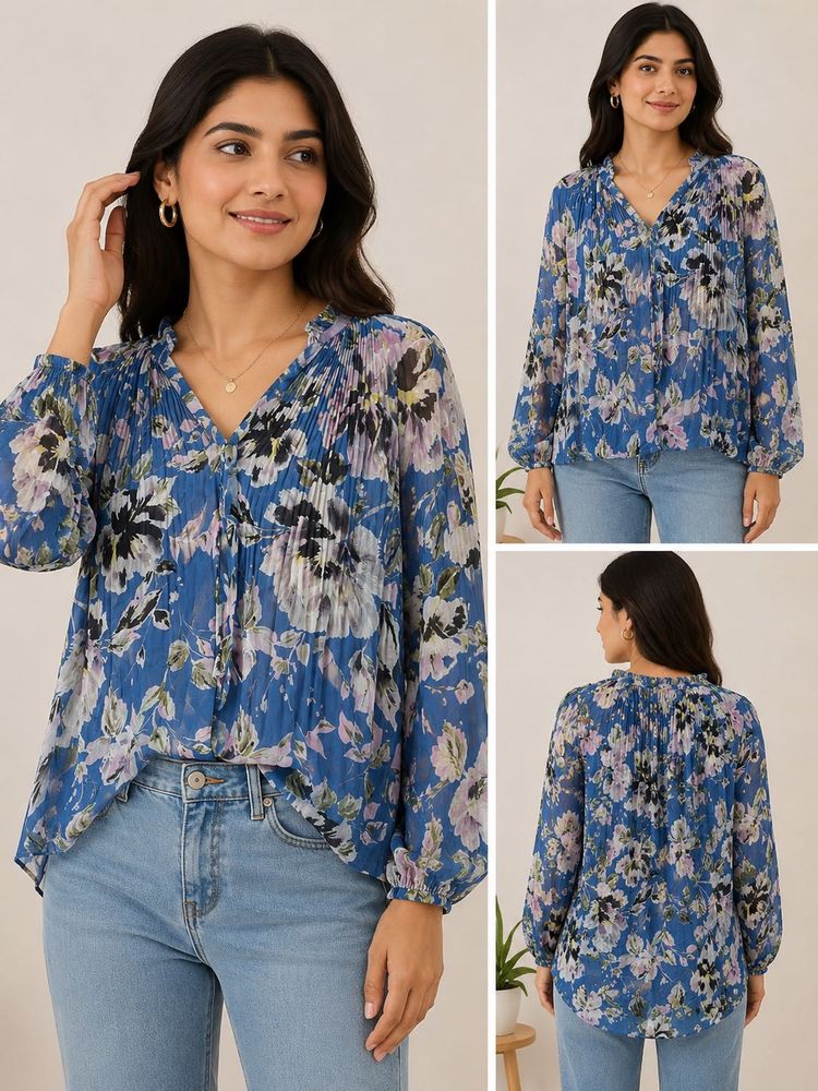 Blue Floral Print Flowy Tunic Top
