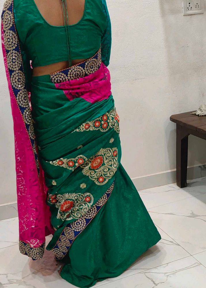 Stunning Pink and Green Embroidered Saree