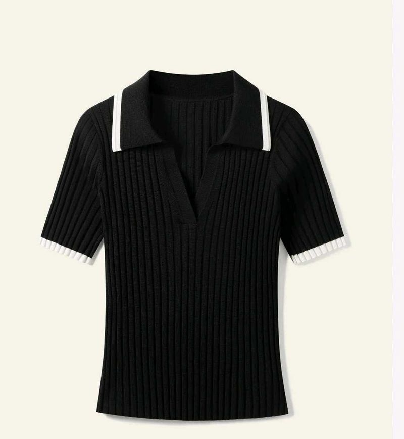 Black Ribbed Polo Top with White Trim