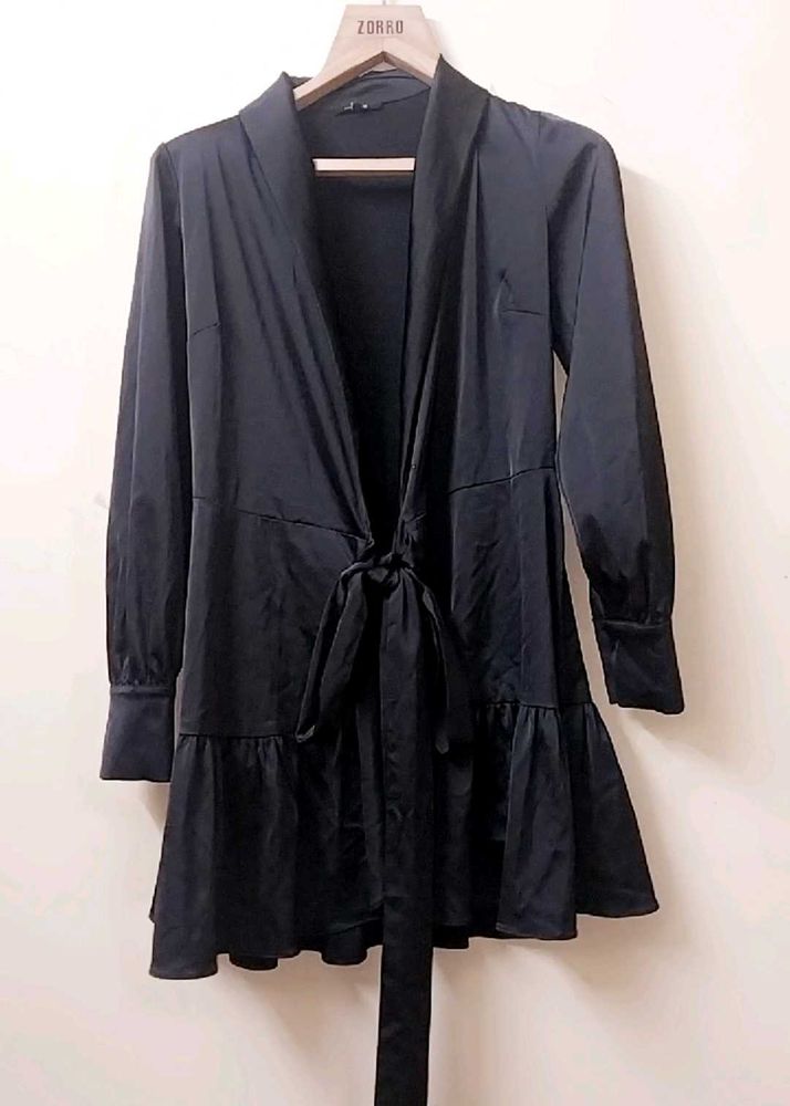 Chic Black Tie-Front Ruffle Dress