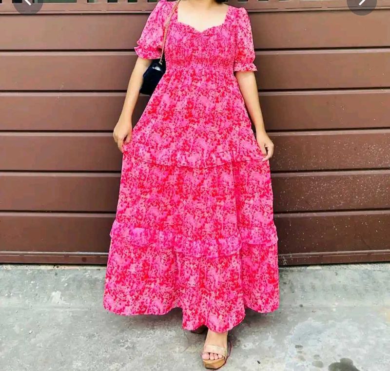 Pink Floral Tiered Maxi Dress