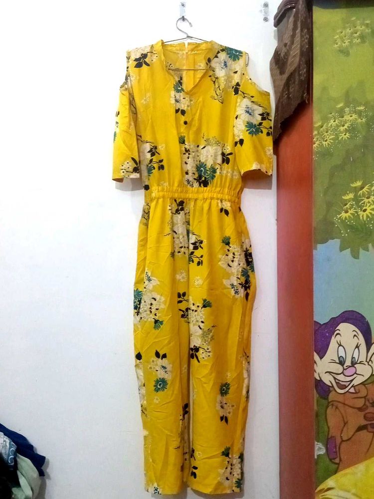 Yellow Floral Cold Shoulder Jumpsuit