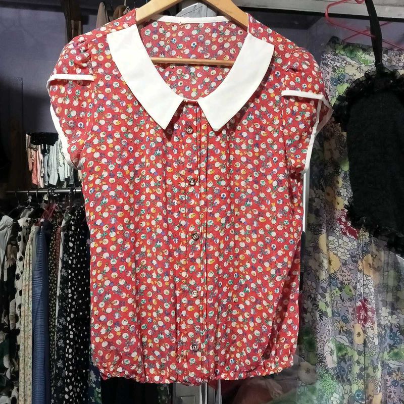 Red Floral Button-Up Top with Peter Pan Collar