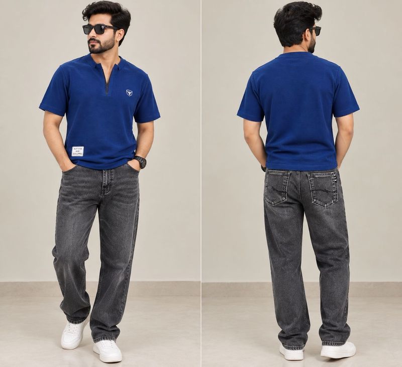 Men's Blue V-Neck T-Shirt &amp; Grey Jeans