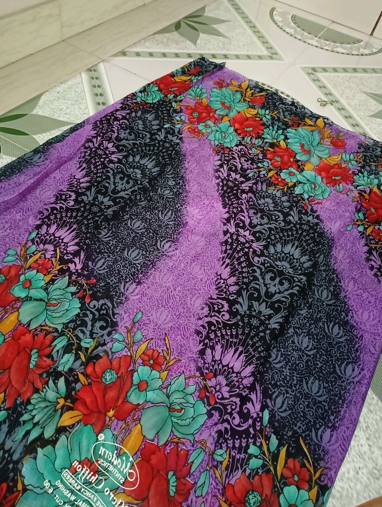 "Purple" Printed Saree With Unstitched Blouse