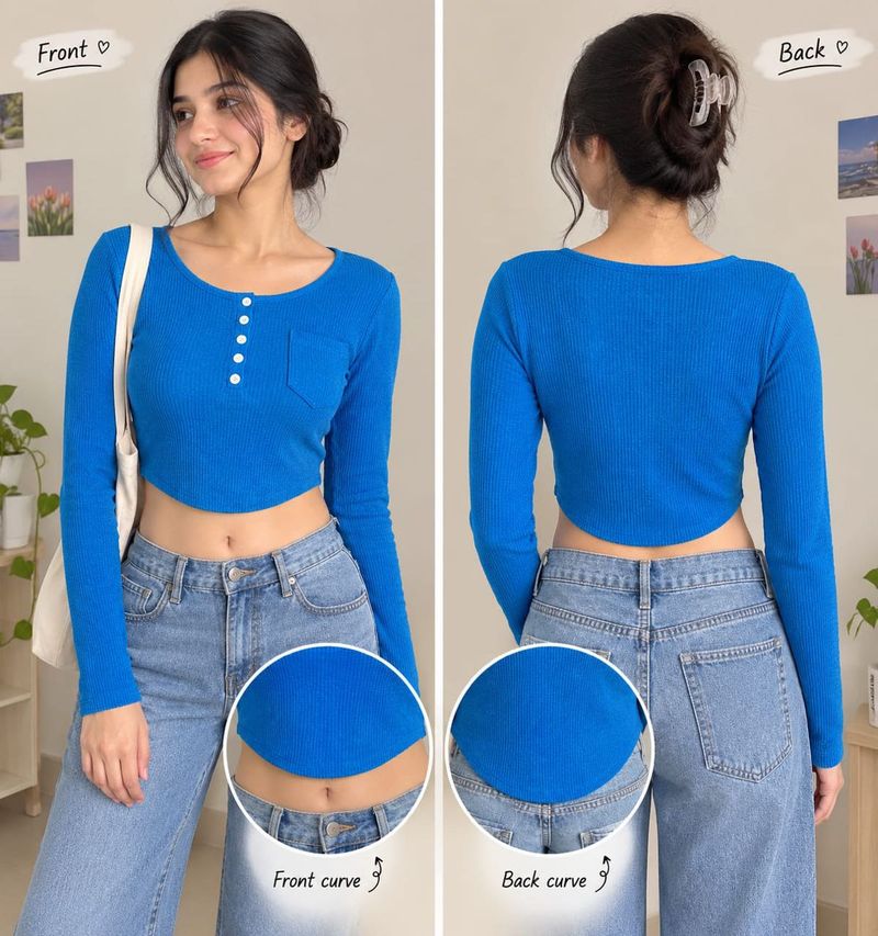 Blue Ribbed Cropped Henley Top