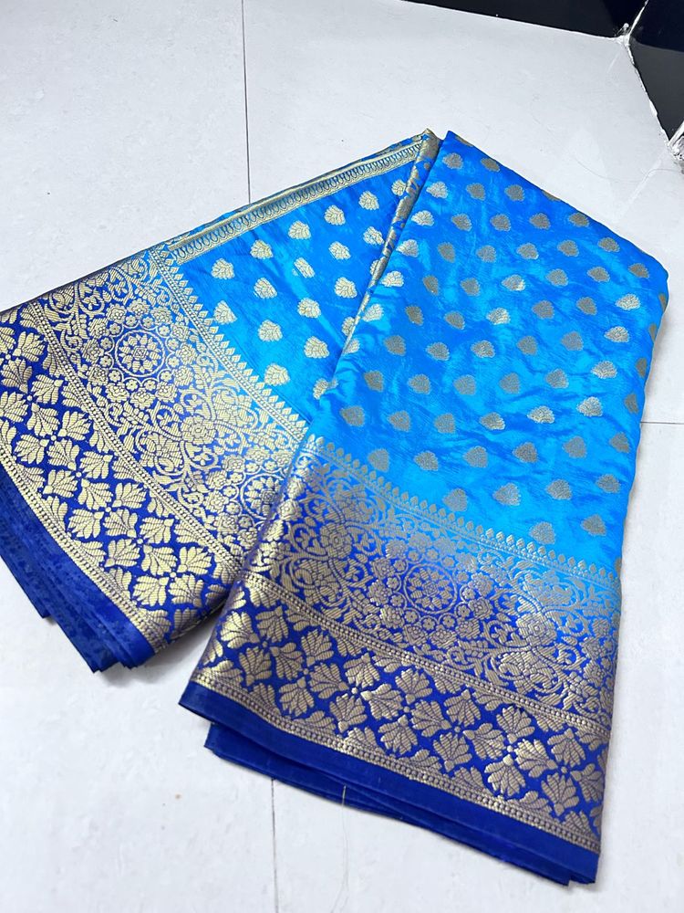 Elegant Blue &amp; Gold Banarasi Silk Saree