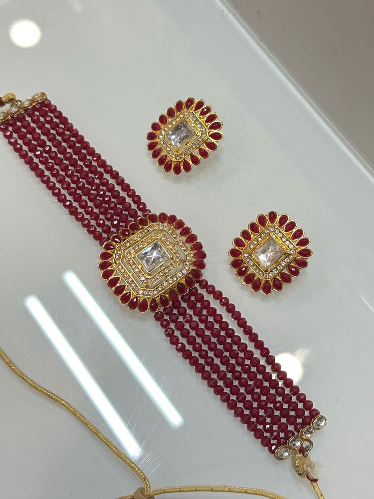 Maroon Beaded Choker Necklace &amp; Earrings Set