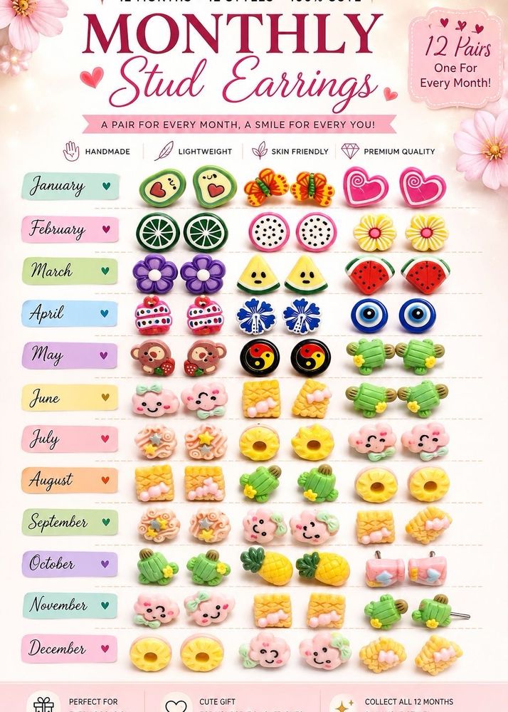 Monthly Themed Stud Earrings Set 😍