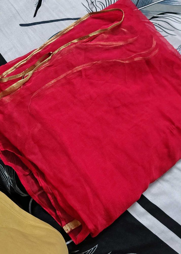 Vibrant Red Dupatta with Gold Trim