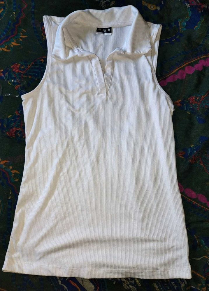 Sleeveless White Ribbed Polo Top
