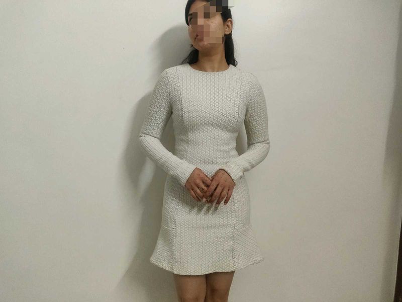 Chic White Textured Long Sleeve winter Dress