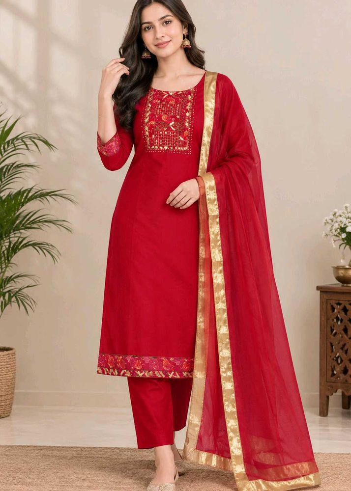 unstitched Red Embroidered Kurta Set