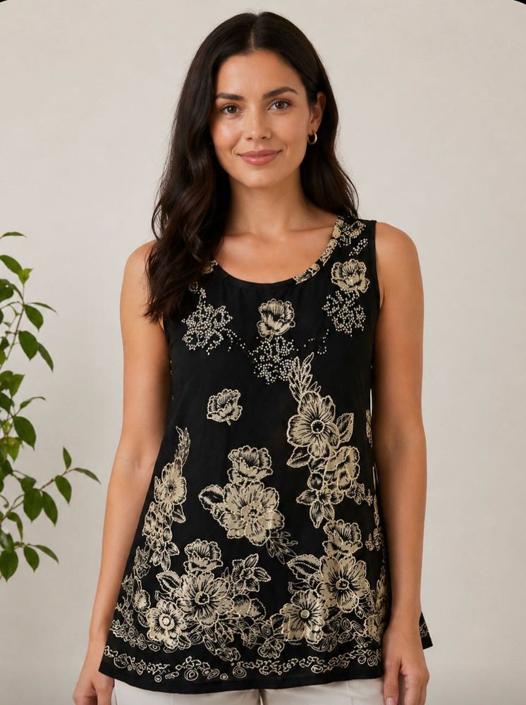 Chic Floral Sleeveless Black Tunic Top