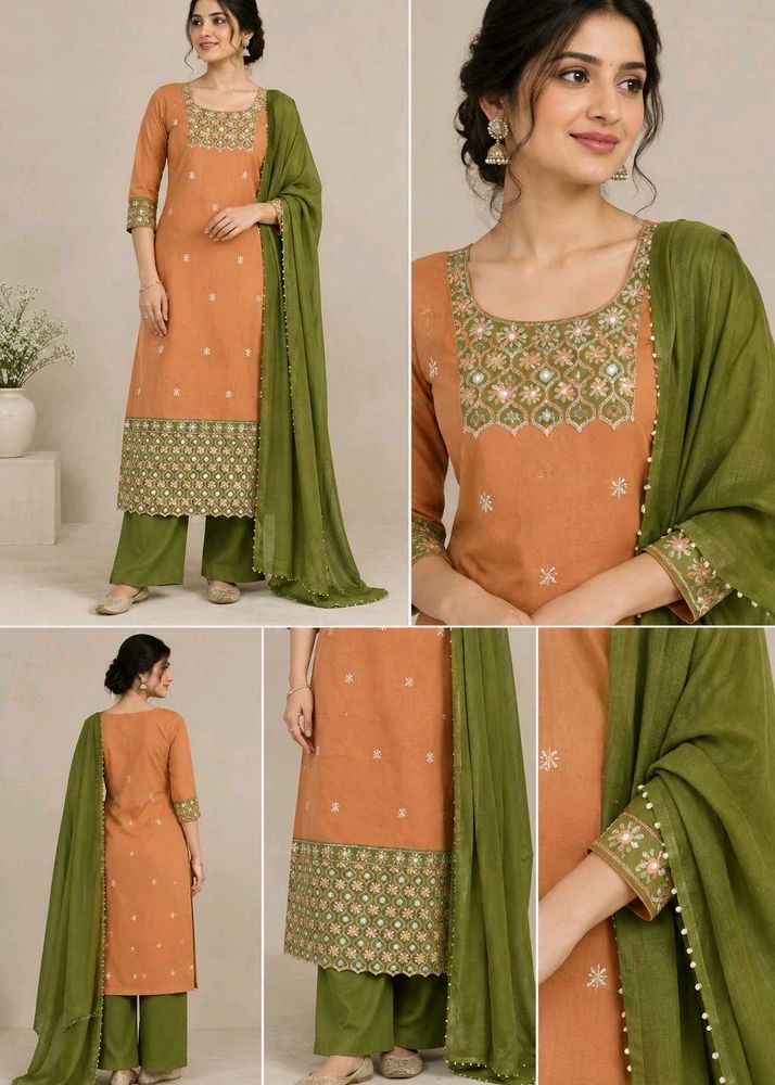 Elegant Orange Kurta Set with Green Dupatta
