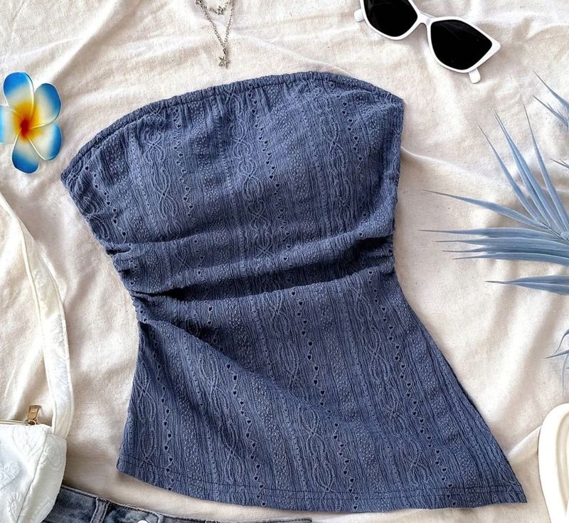 Blue Eyelet Strapless Tube Top