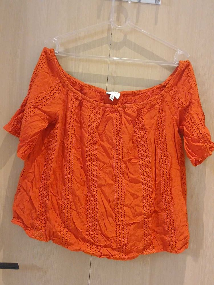 Orange Eyelet Off-Shoulder Top