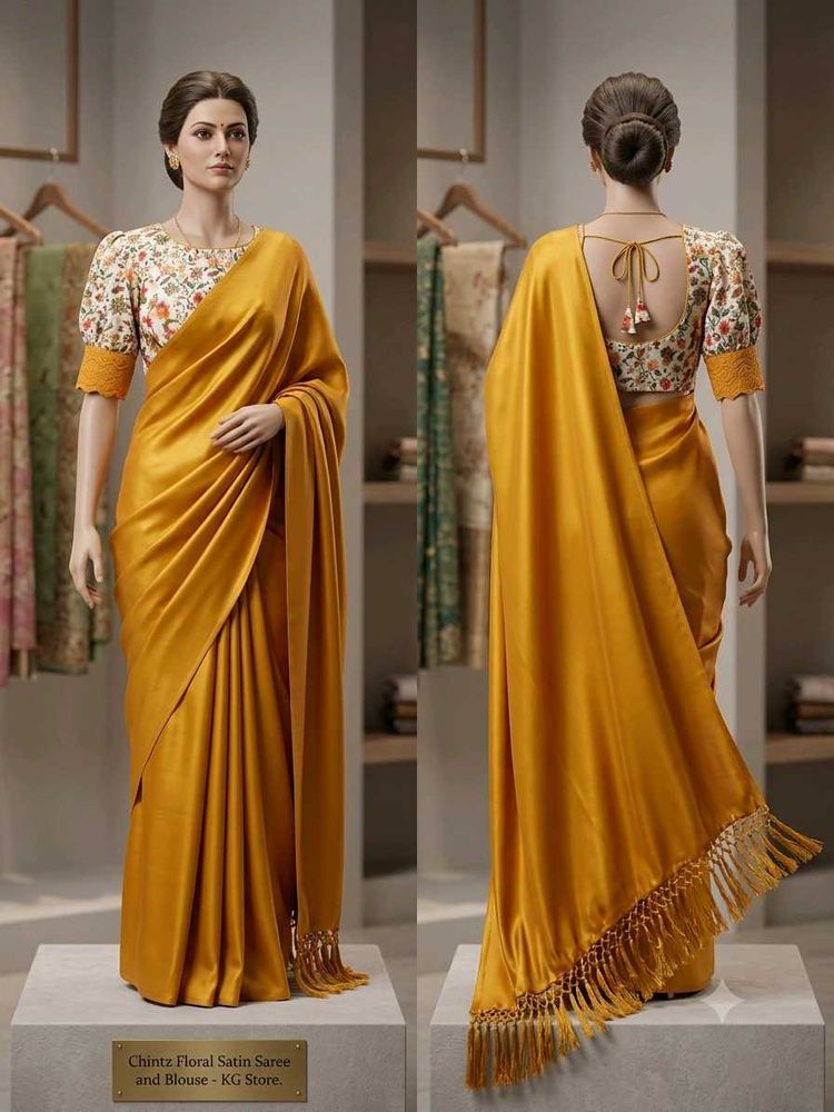Elegant Mustard Satin Saree with Floral Blouse
