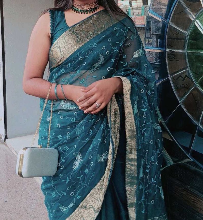 Beautiful Teal Embroidered Saree