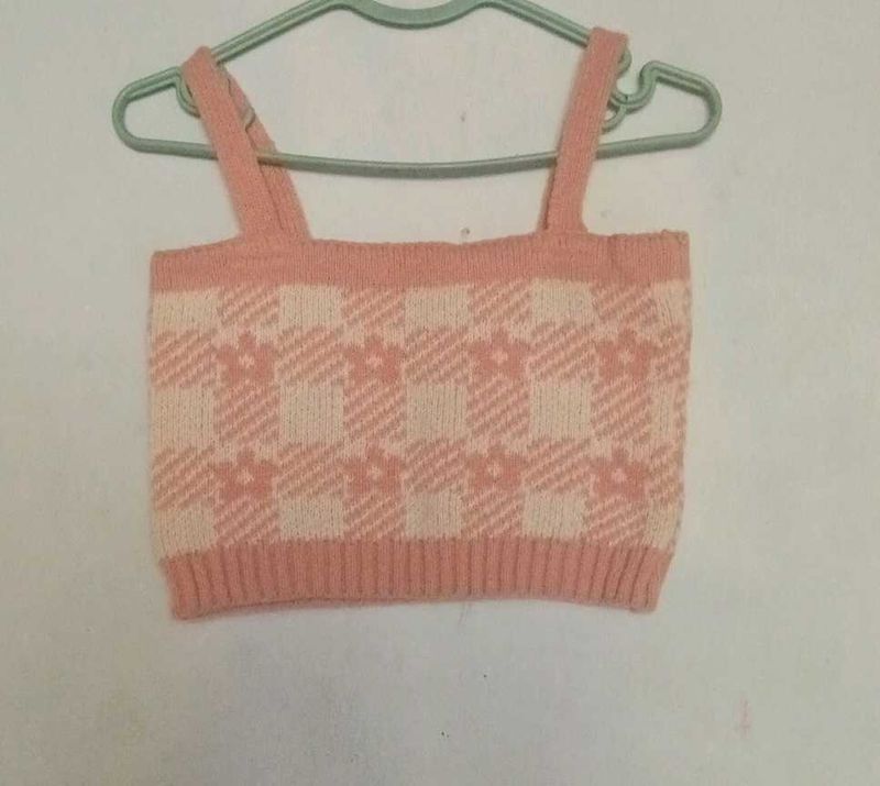 Pink Checkered Knit Crop Top