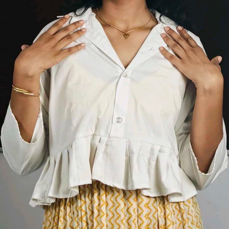 White Peplum Style Cropped Shirt