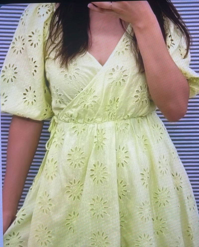 zara yellowish green wrap mini dress