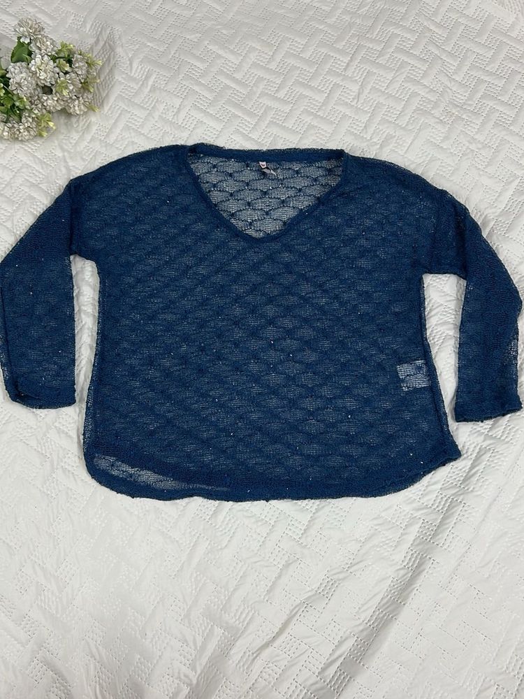 Sequins Sheer Blue V-Neck Long Sleeve Top