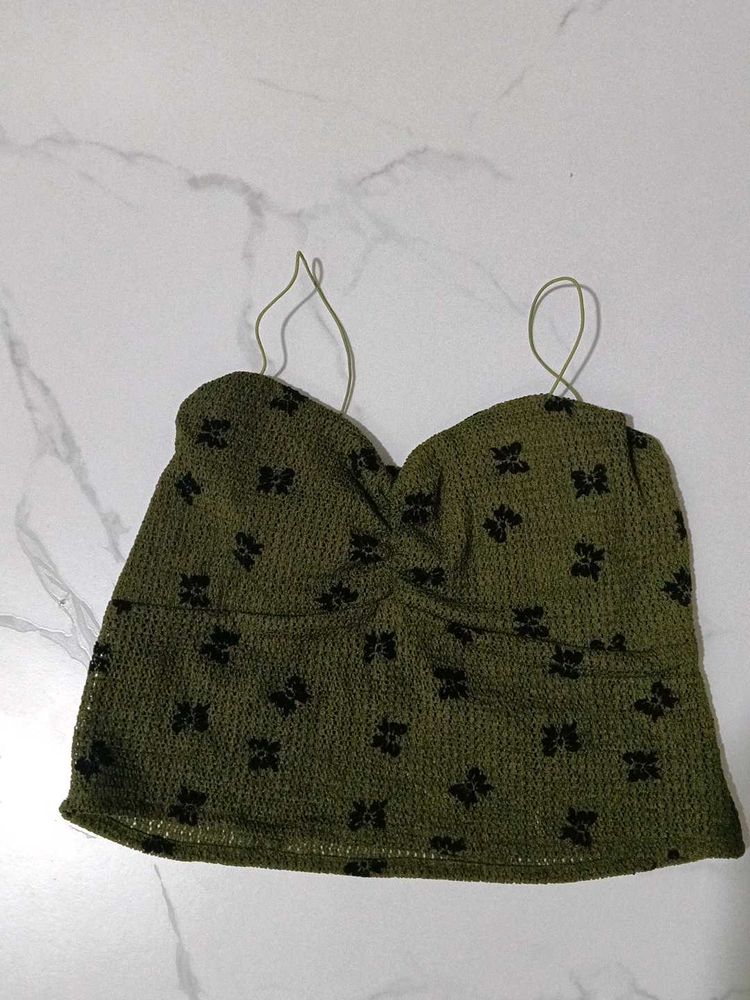 Olive Green Floral Print Crop Top