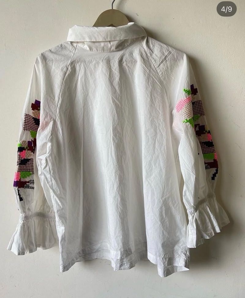 White Embroidered Blouse with Ruffled Cuffs