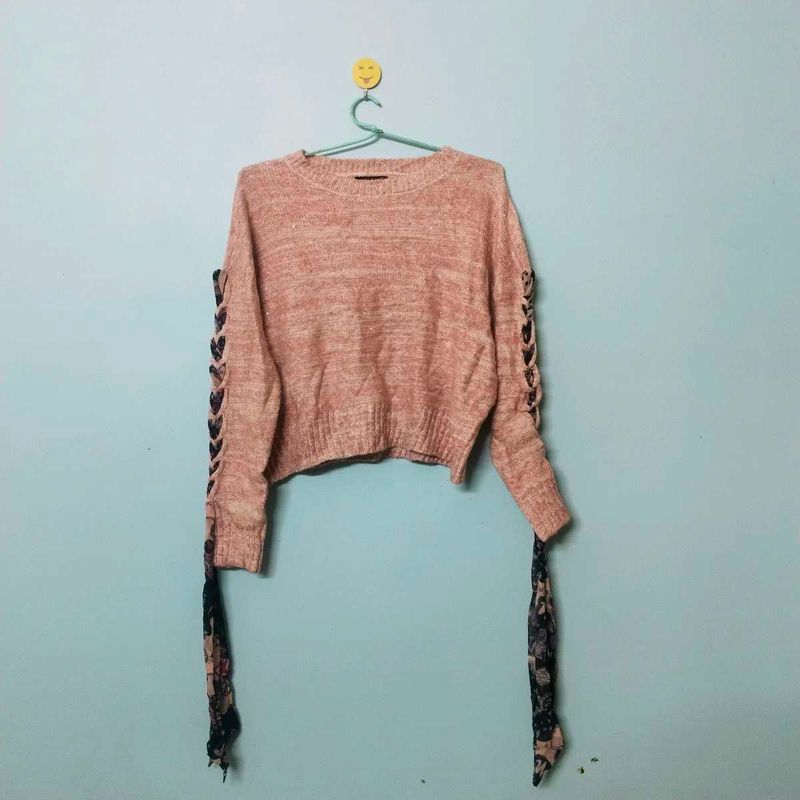 Cute Pink Lace-Up Sleeve Sweater