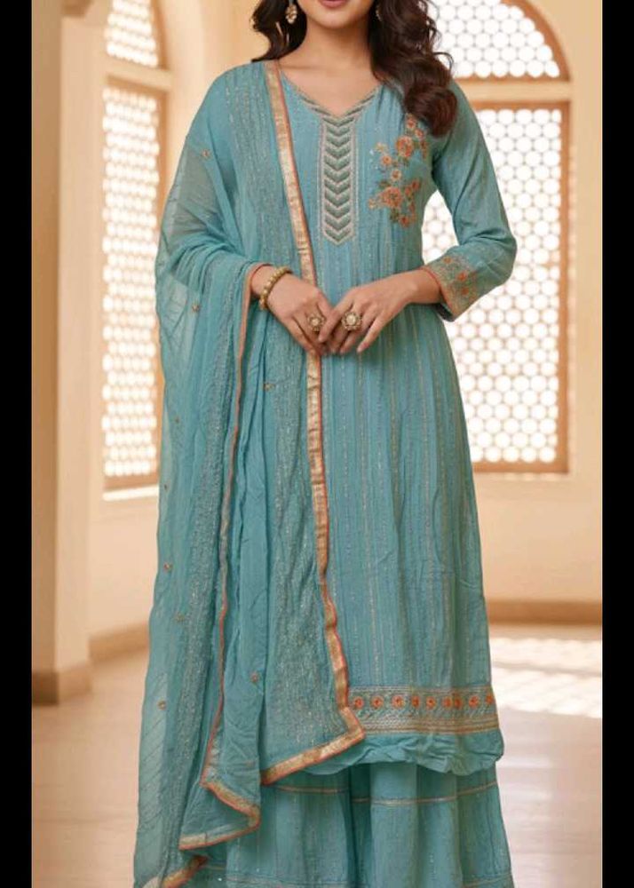 unstitched Elegant Blue Embroidered garara set