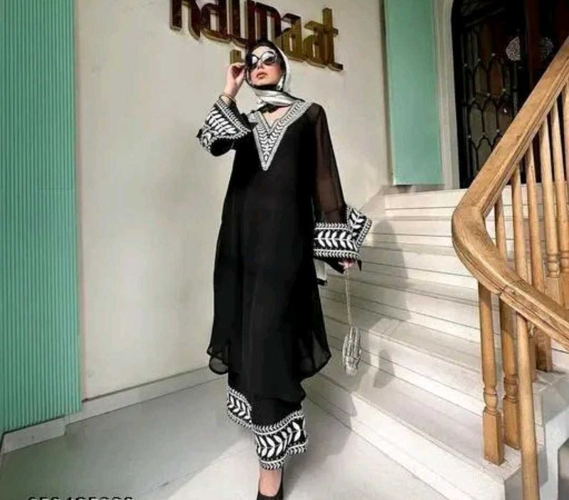 Elegant Black Kurta Set with White Embroidery