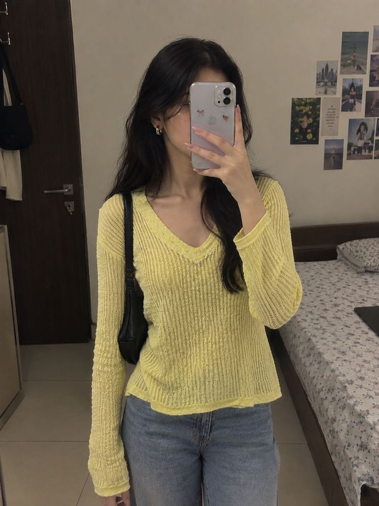 Yellow V-Neck Knit Top