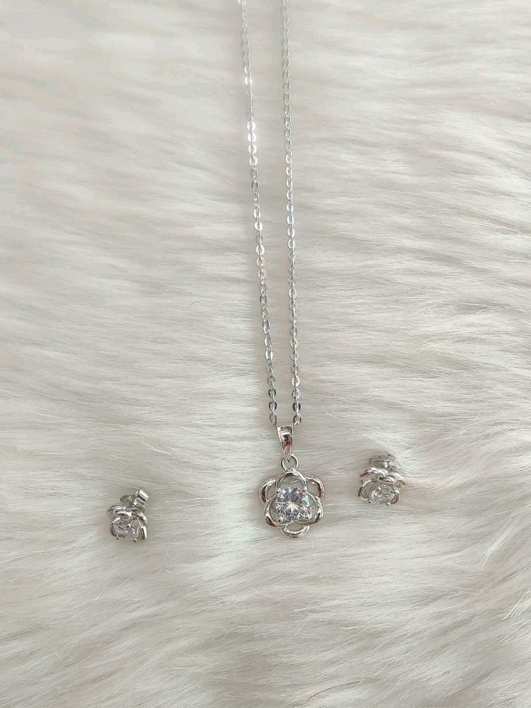 92.5 Rhodium Silver Necklace With Earrings
