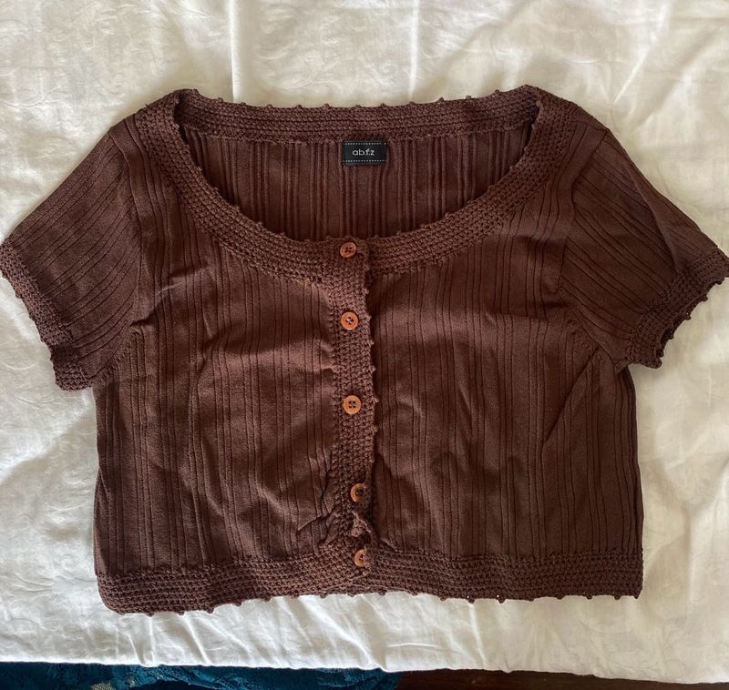 Brown Ribbed Cropped Cardigan Top